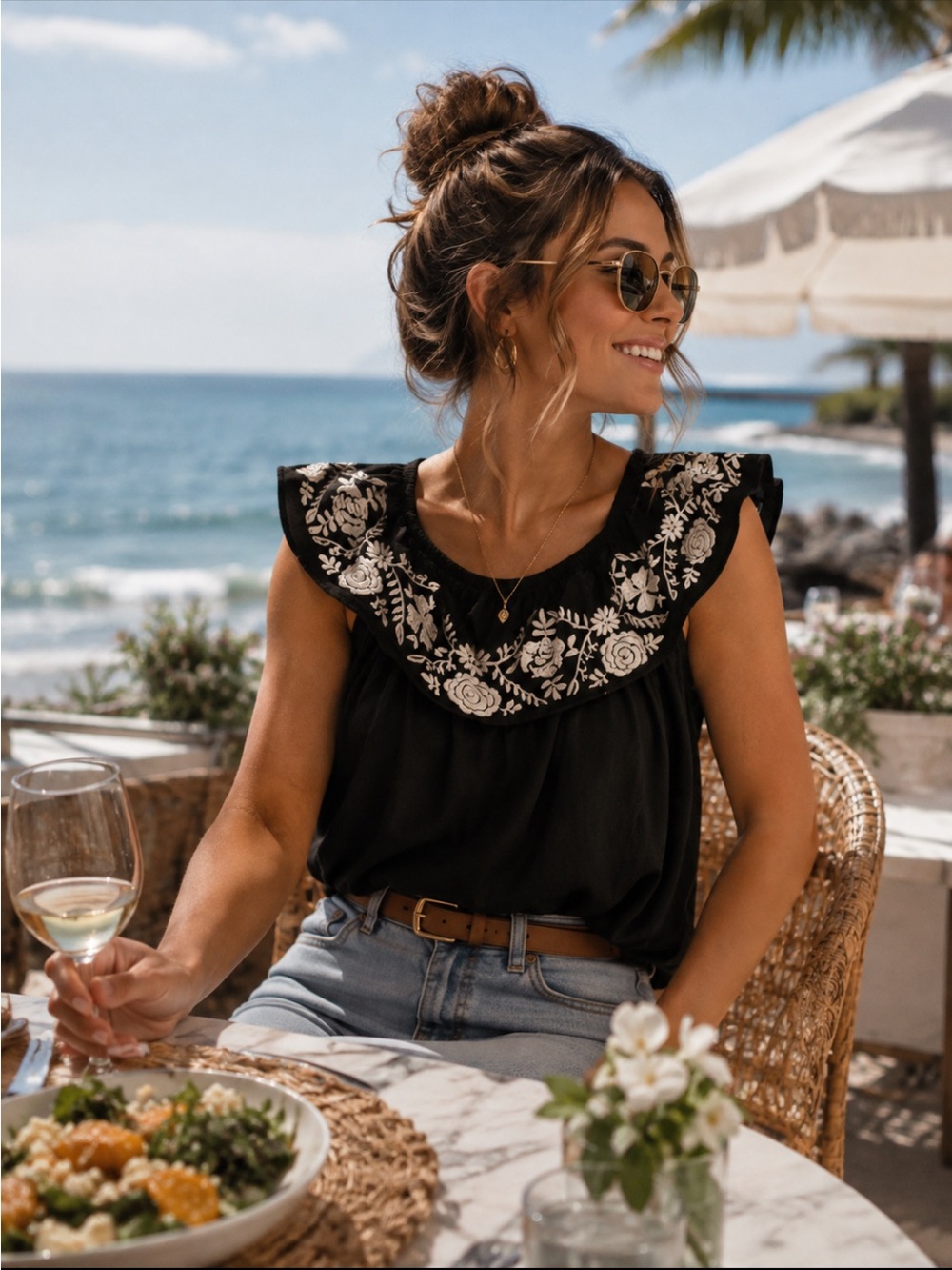 Love Tree Black & Ivory Ruffle Embroidered Top